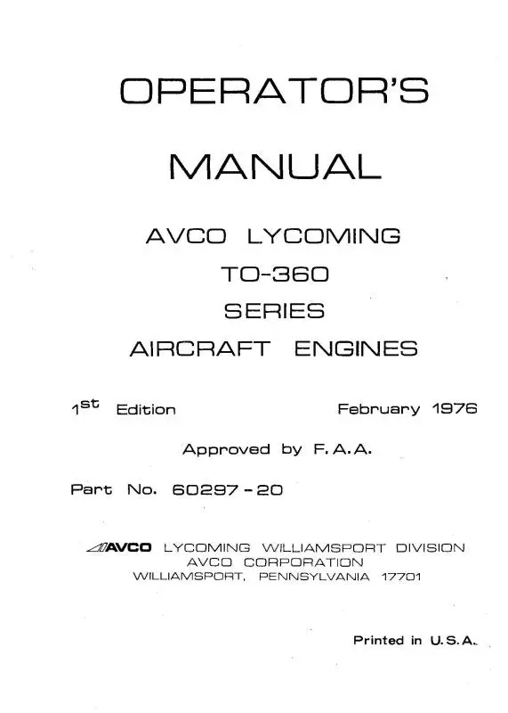 Lycoming To-360 Series, 1976 Operator's Manual (60297-20-2) 1