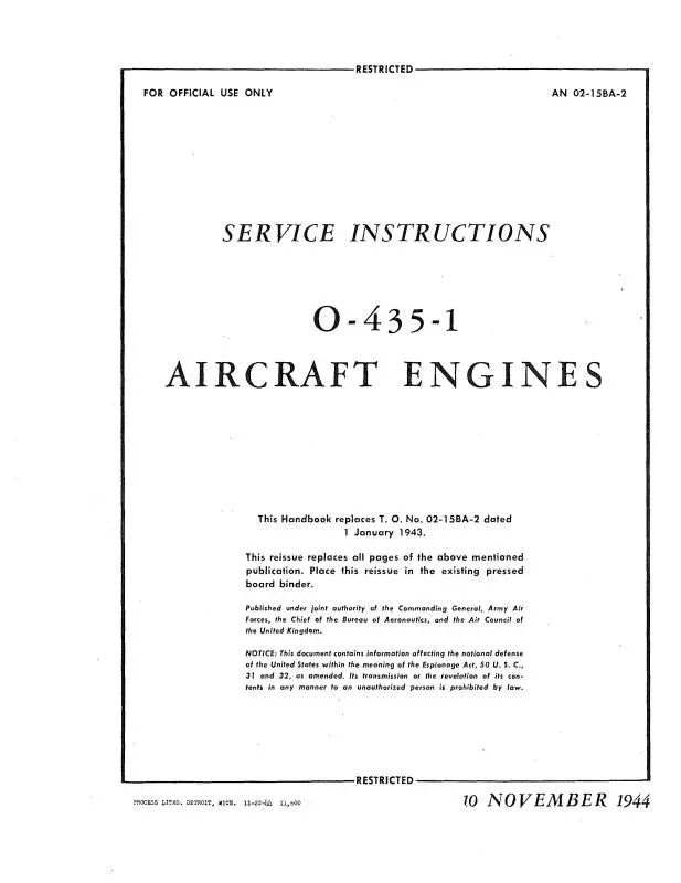 Lycoming O-435-1 1944 Maintenance Instructions (02-15Ba-2) 1