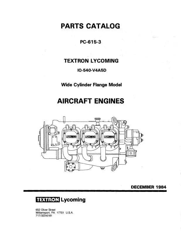 Lycoming Io-540-V4a5d 1984 Parts Catalog Pc-615-3 (Pc-615-3) 1