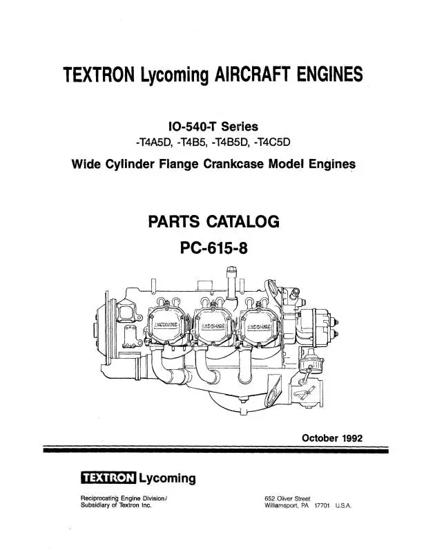 Lycoming Io-540-T Series 1992 Parts Catalog Pc-615-8 (Pc-615-8) 1
