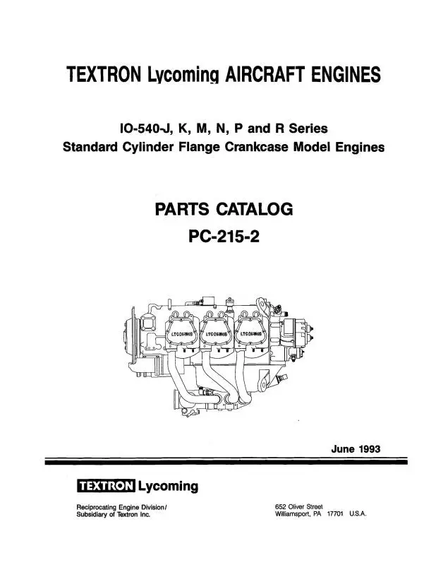 Lycoming Io-540J, K, N, P, R, S 1993 Parts Catalog Pc-215-2 (Pc-215-2) 1