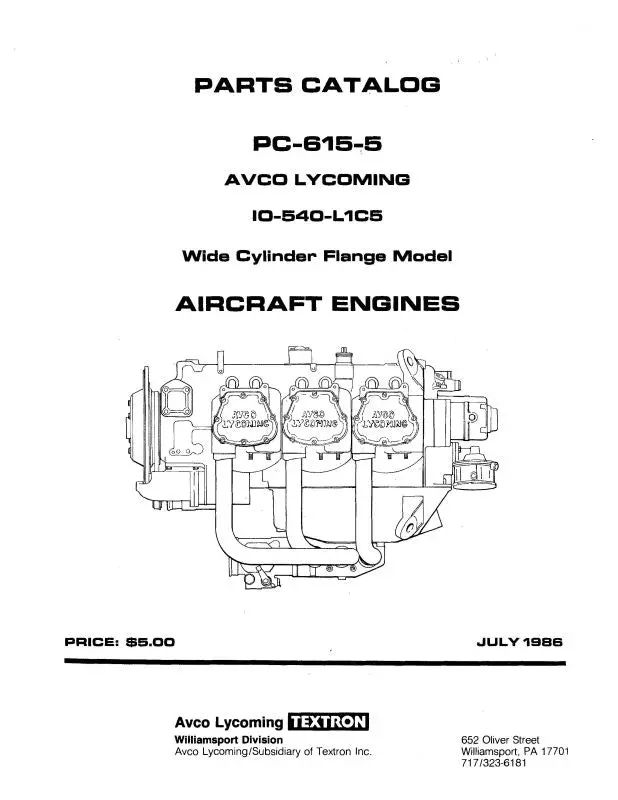 Lycoming Io-540-L1c5 1986 Wide Cylinder Parts Catalog 615-5 (615-5) 1