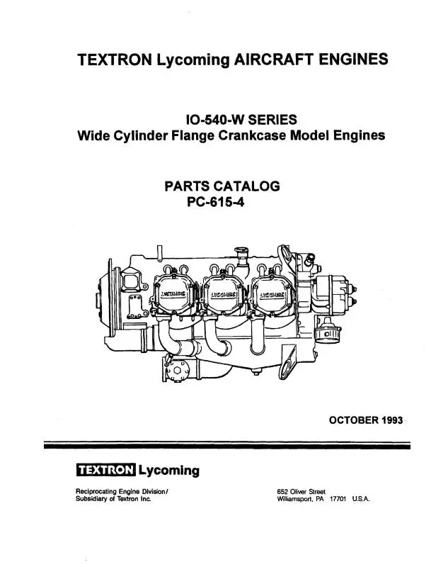 Lycoming Io-540-W Series 1993 Parts Catalog Pc-615-4 (Pc-615-4) 1