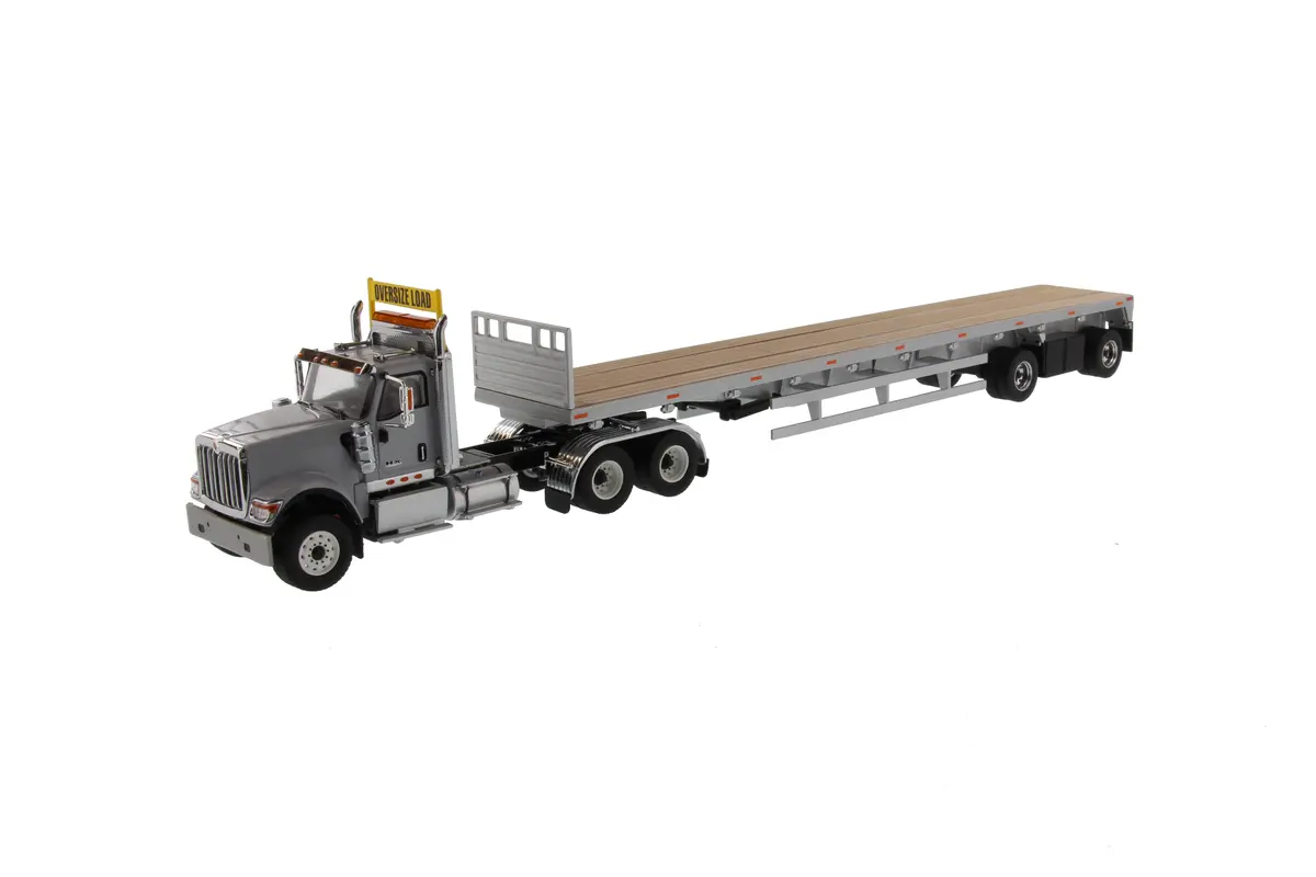 1:50 Diecast International Hx520 Tandem Tractor With 53′ Flat Bed Trailer – Light Grey Truck + Silver Trailer, Transport Series, 71041 1
