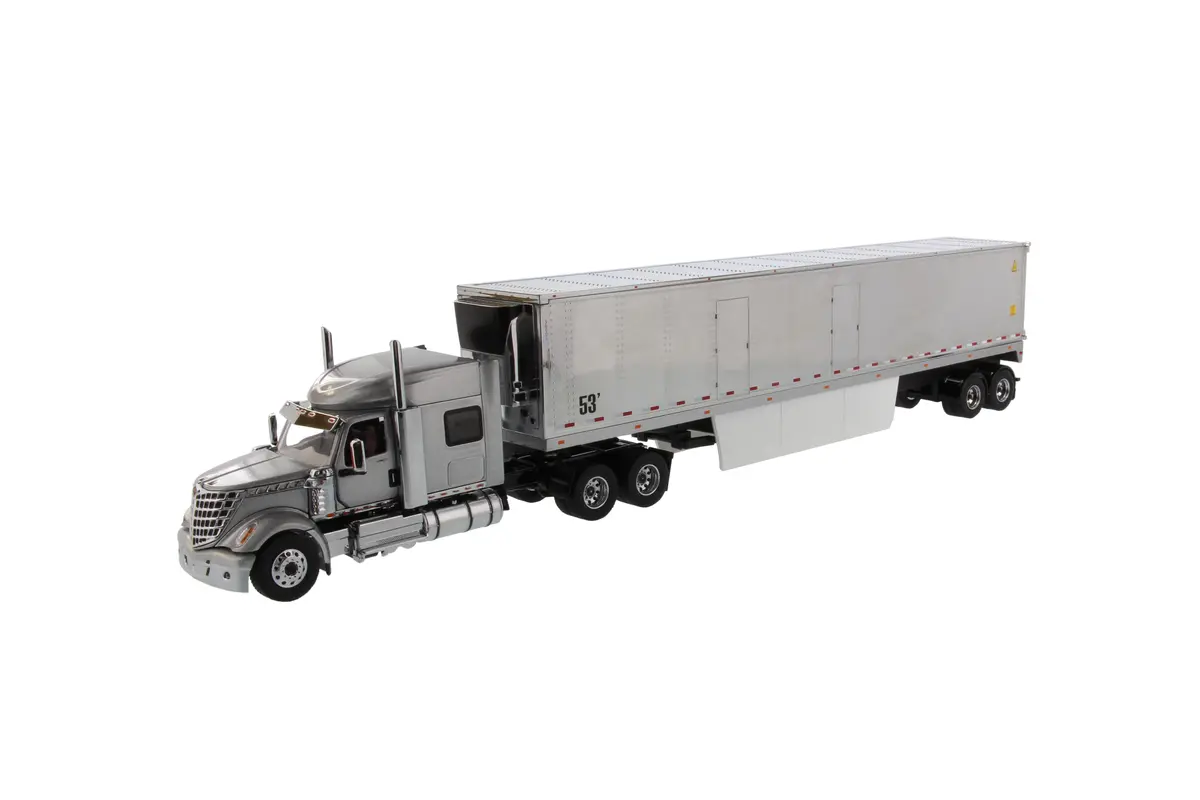 1:50 Diecast International Lonestar Sleeper With 53′ Refrigerated Van – Silver Truck + Silver Chrome Plated Cargo Van, Transport Series, 71043 1