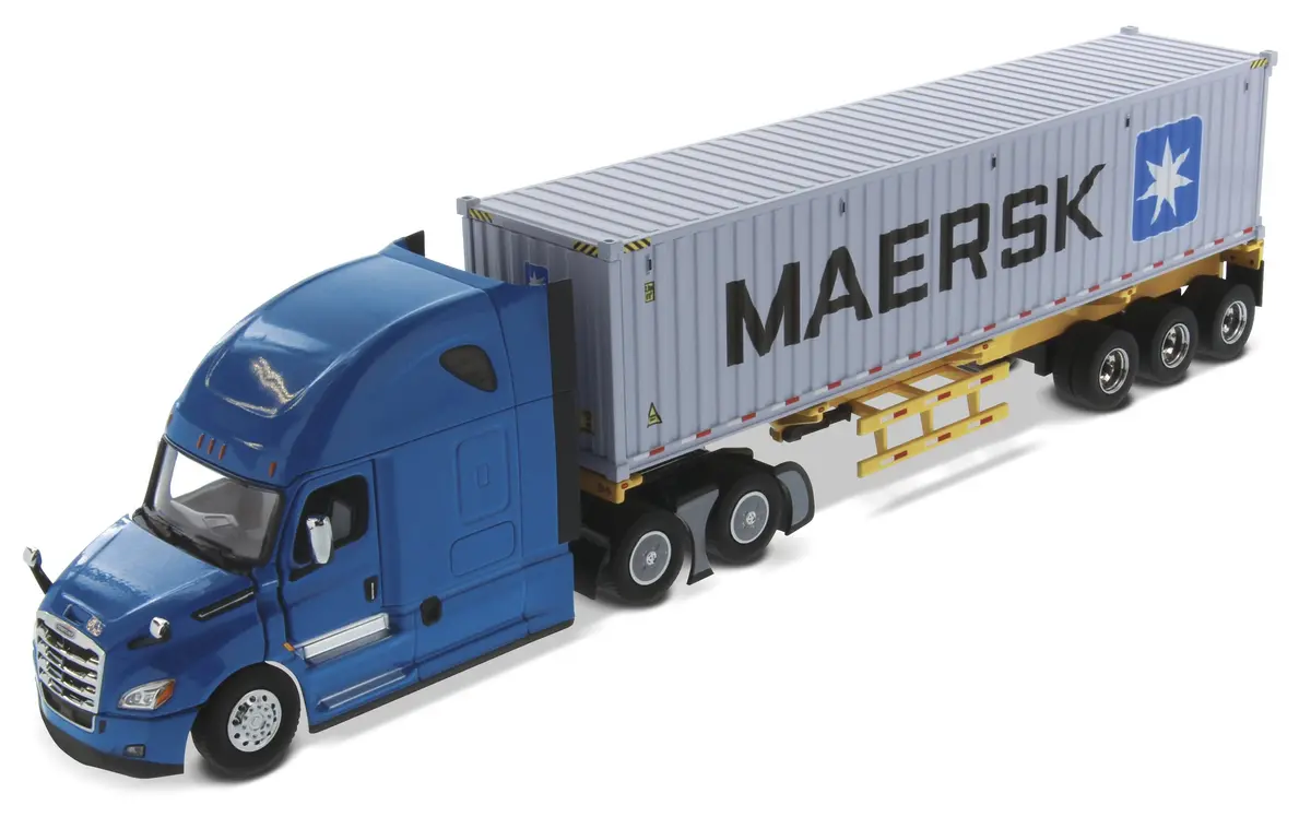 1:50 Diecast Freightliner New Cascadia With With 40′ Dry Goods Sea Container – Blue Tractor + Yellow Trailer + Maersk Container, Transport Series, 71048 1