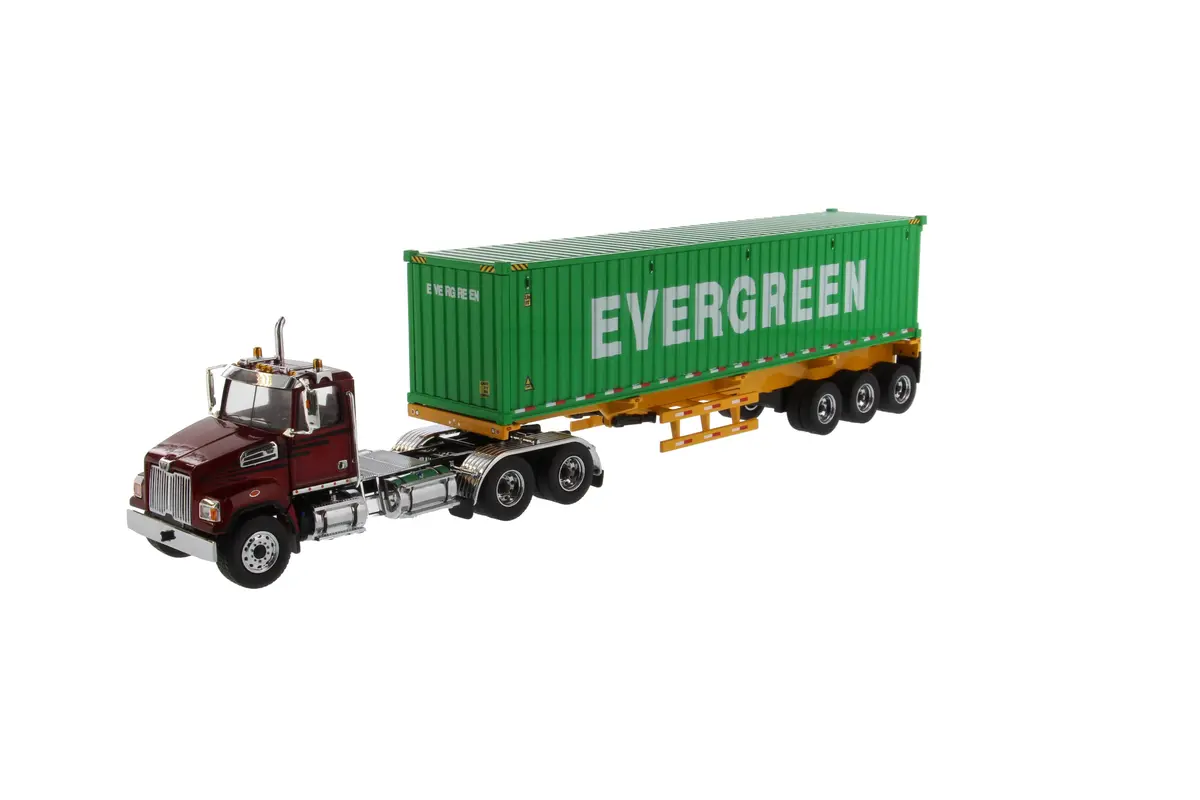 1:50 Western Star®  Diecast 4700 Sb Tandem Truck-Tractor With 40′ Dry Goods Sea Container – Metallic Red Tractor + Yellow Trailer + Evergreen Container, Transport Series,  71049 1