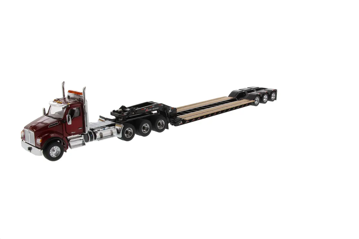 1:50 Kenworth T880 Sffa Daycab Tridem Tractor With Xl 120 Low-Profile Hdg Trailer (Outrigger Style) With 2 Boosters And Jeep  - Radiant Red Cab, Black Trailer + Jeep + Boosters, Transport Series, 71061 1