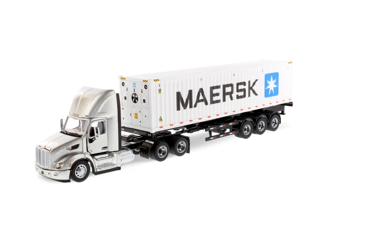 1:50 Diecast Peterbilt 579 Silver Day Cab Tractor On-Highway Truck With Skeleton Trailer And Maersk Sea Container, Transport Series, 71069 1