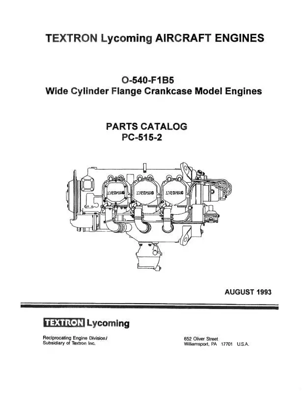 Lycoming O-540-F1b5 1993 Parts Catalog Pc-515-2A (Pc-515-2A) 1