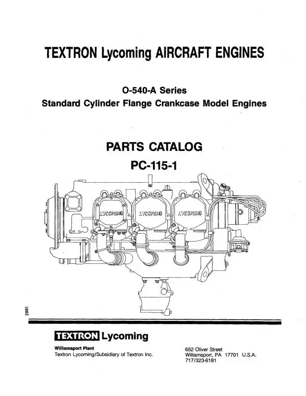 Lycoming O-540-A Series Parts Catalog Pc-115-1 (Pc-115-1) 1