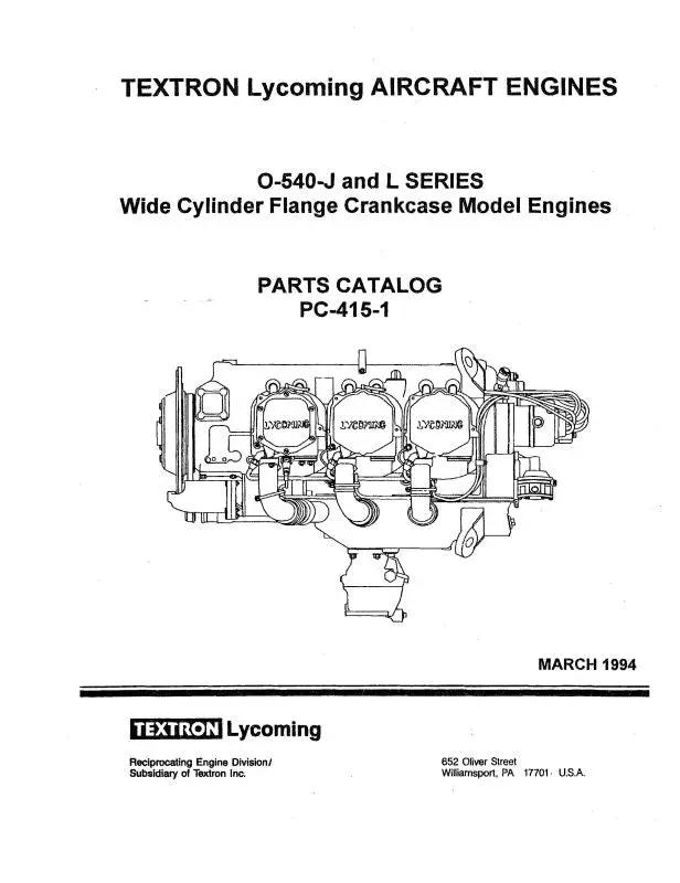 Lycoming O-540-J& L Series 1994 Parts Catalog Pc-415-1 (Pc-415-1) 1