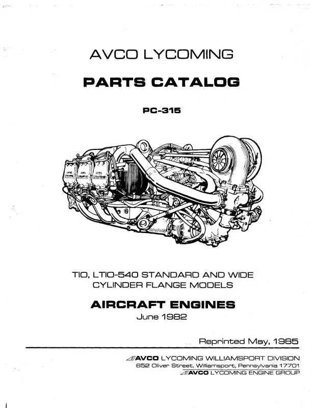 Lycoming Tio, Ltio-540 1985 Parts Catalog Pc-315 (Pc315) 1