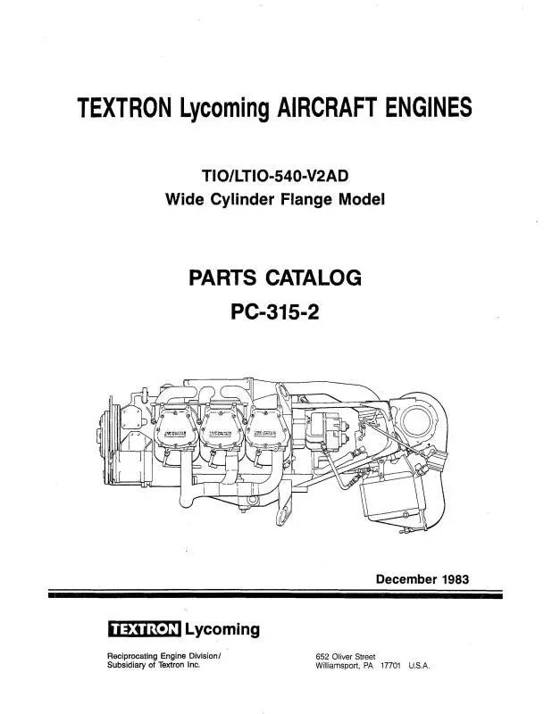 Lycoming Tio, Ltio-540-V2ad 1983 Parts Catalog Pc-315-2 (Pc-315-2) 1