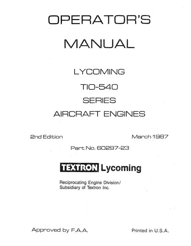Lycoming Tio-540 Series, 1987 Operator's Manual (60297-23-7) 1