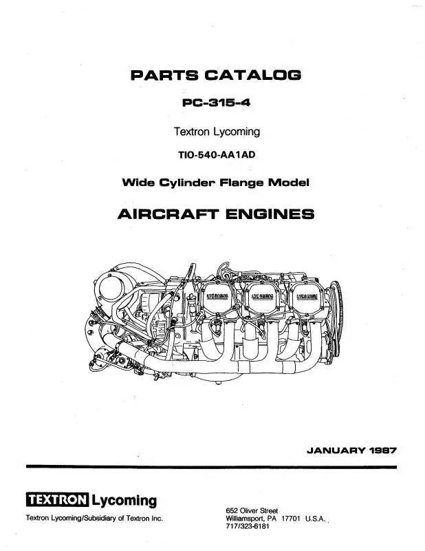 Lycoming Tio-540-Aa1ad 1987 Parts Catalog Pc-315-4 (Pc-315-4) 1