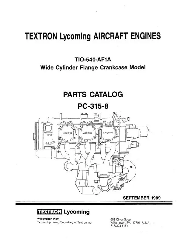 Lycoming Tio-540-Af1 1989 Parts Catalog Pc-315-8A (Pc-315-8A) 1
