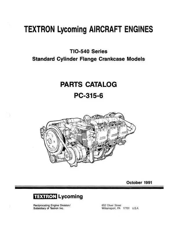 Lycoming Tio-540 Series 1991 Parts Catalog Pc-315-6 (Pc-315-6) 1