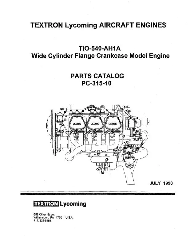 Lycoming Tio-540-Ah1a 1998 Parts Catalog Pc-315-10 (Pc-315-10) 1