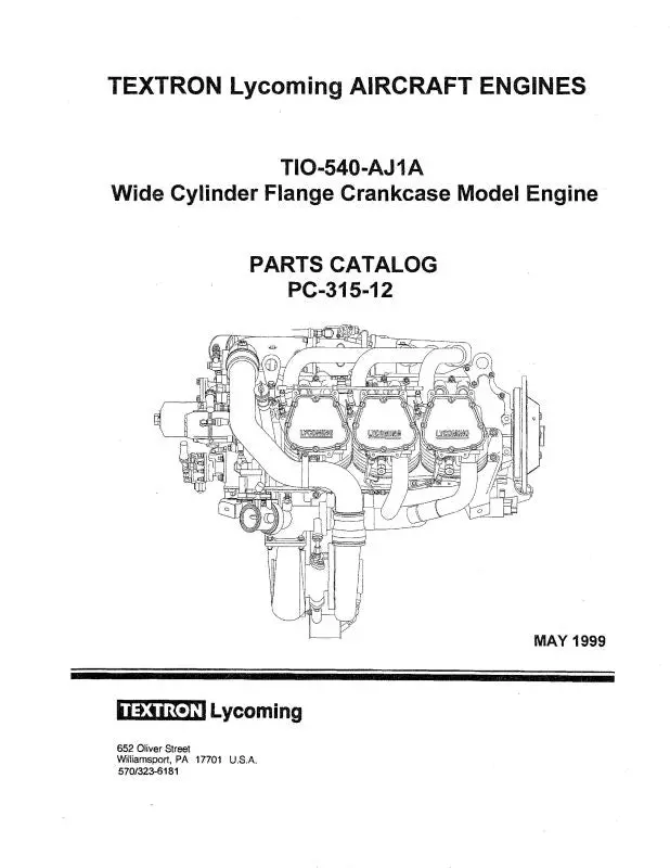 Lycoming Tio-540-Aj1a 1999 Parts Catalog Pc-315-12 (Pc-315-12) 1