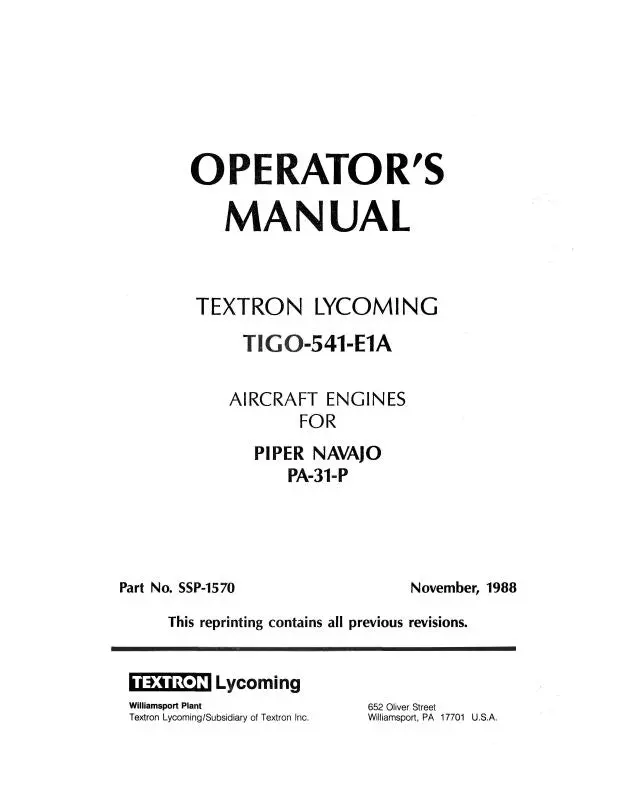 Lycoming Tigo-541-E1a Engines, 1988 Operator's Manual (Ssp1570) 1