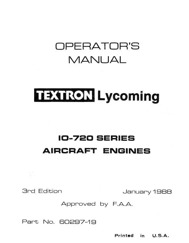 Lycoming Io-720 Series, 1988 Operator's Manual (60297-19) 1