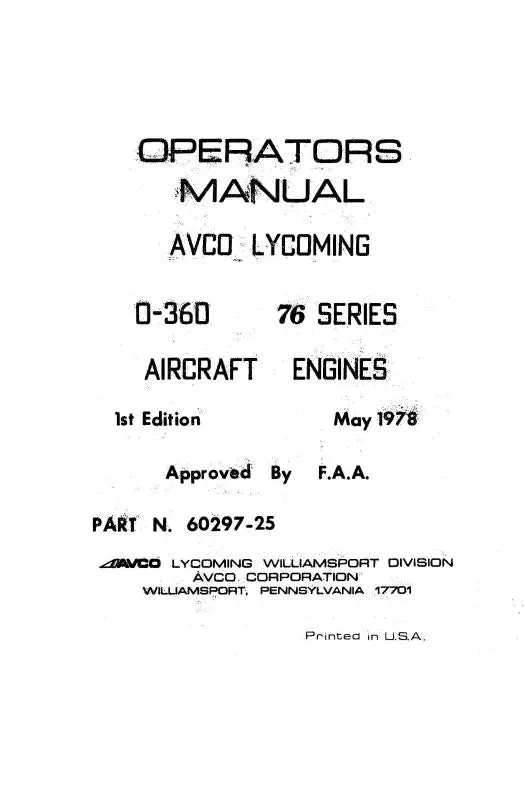 Lycoming O-360-E 76 Series, 1978 Operator's Manual (60297-25-1) 1