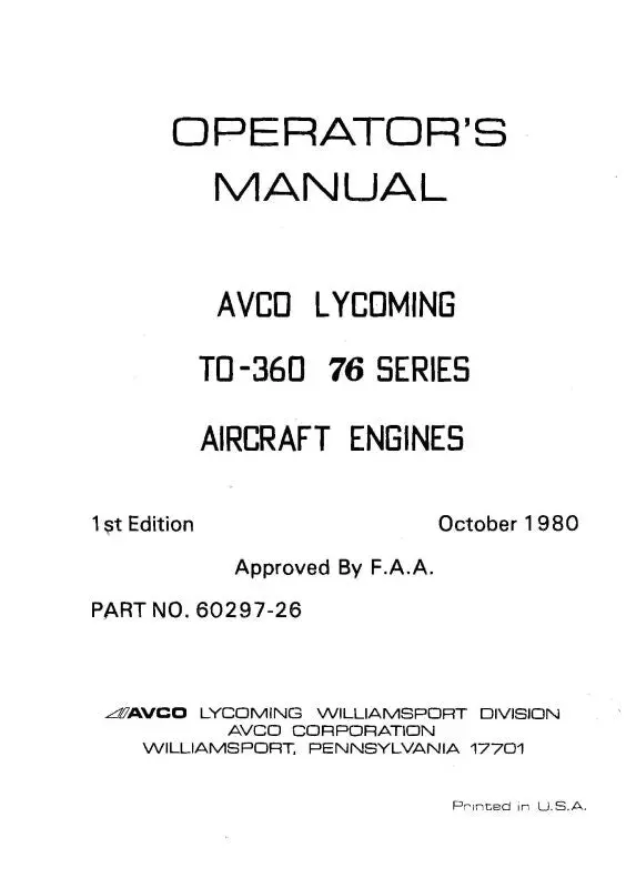Lycoming To-360-E 76 Series, 1980 Operator's Manual (60297-26) 1