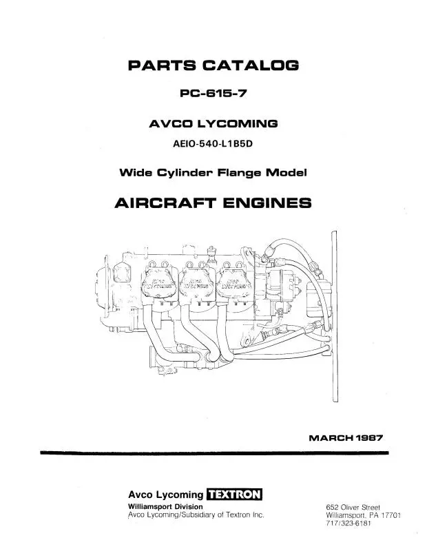 Lycoming Aeio-540-L1b5d 1987 Parts Catalog Pc-615-7 (Pc-615-7) 1