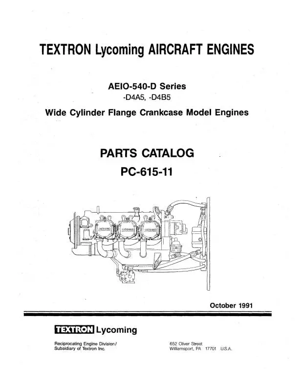 Lycoming Aeio-540-D4a5,-D4b5 1991 Parts Catalog Pc-615-11 (Pc-615-11) 1