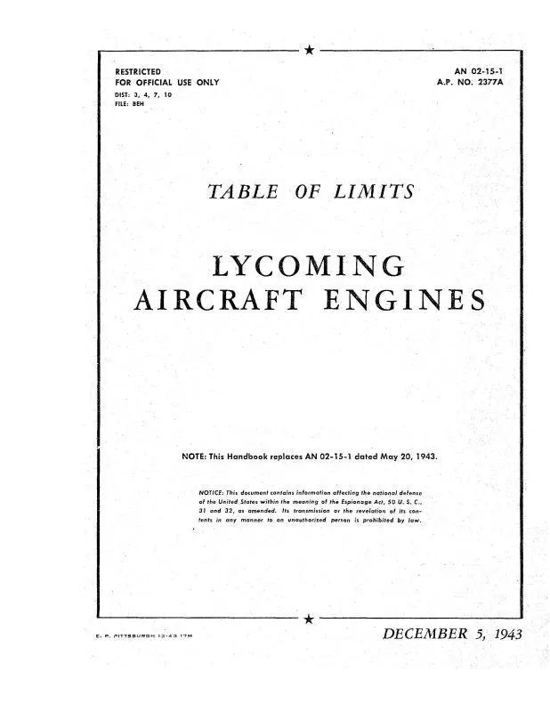 Lycoming Table Of Limits Aircraft Engine Table Of Limits An 02-15-1 1