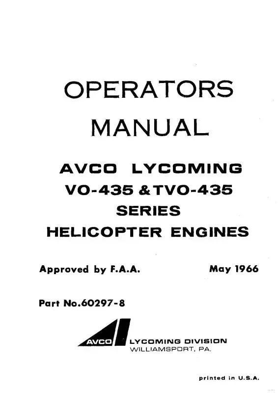 Lycoming Vo-435,Tvo-435 Ser 1976 Operator's Manual (60297-8-1) 1