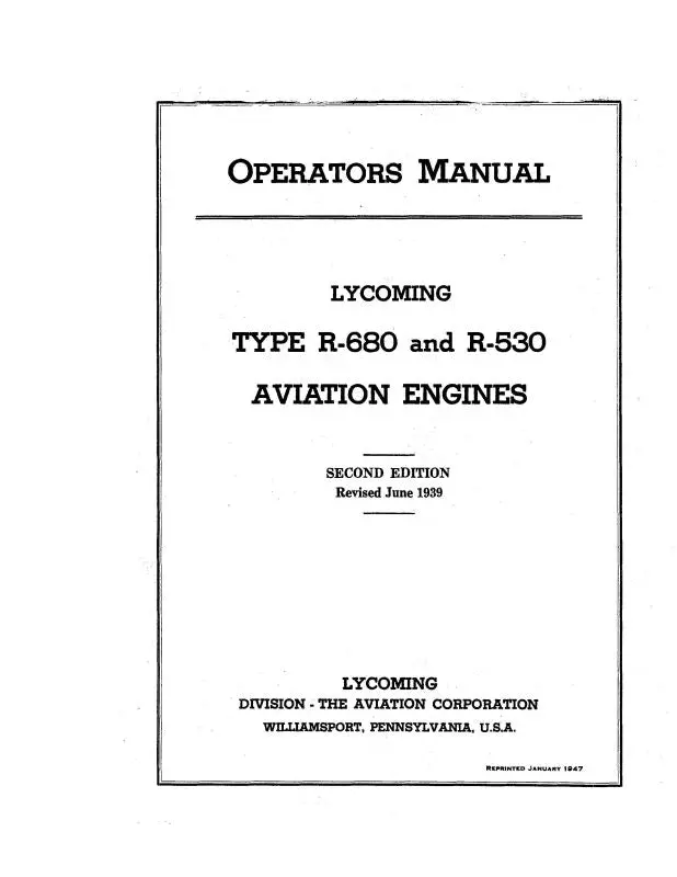 Lycoming R-680&R-530 Aviation Engines Operators Manual (Lyr680,53047Opc) 1