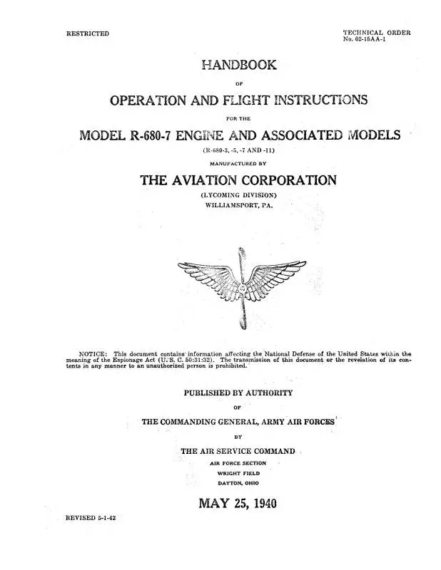 Lycoming R-680-7 Engine 1940 Operation And Flight Instructions (02-15Aa-1) 1