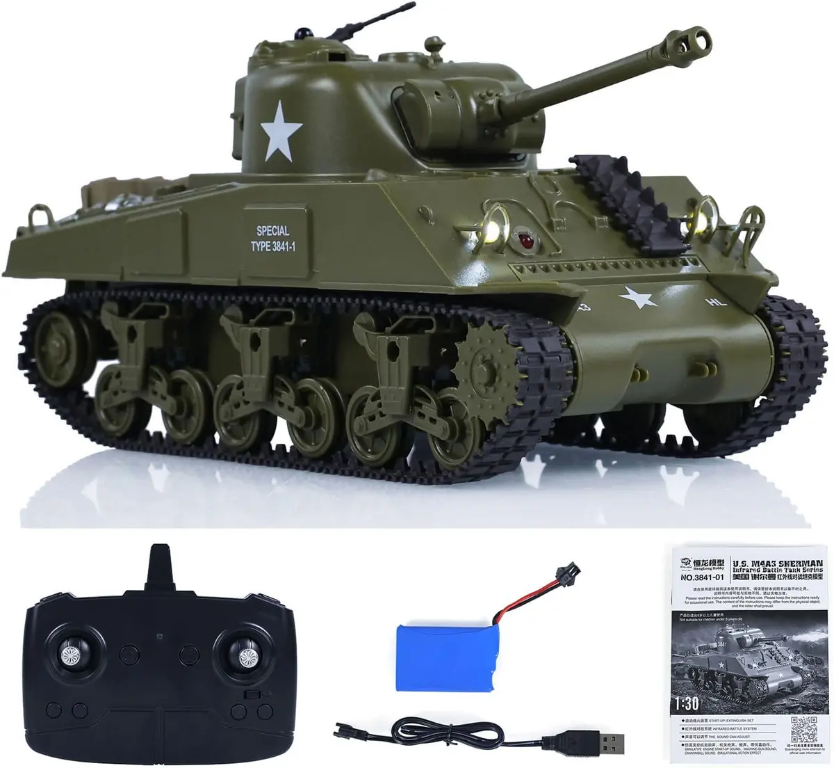 Heng Long® 1/30 Rc Battle Tank Sherman M4a3 –  320° Turret Rotation, Infrared Battle, Real Sound & Light 1