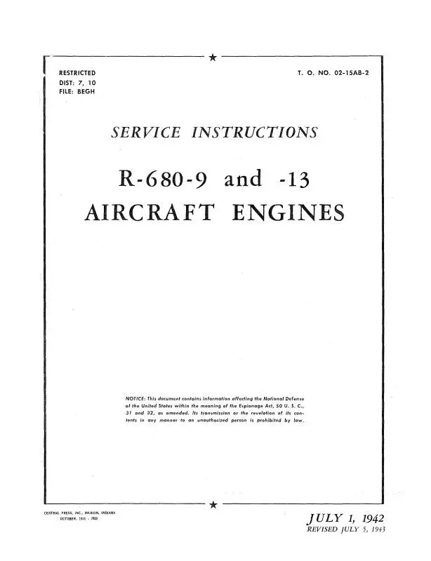 Lycoming R-680-9,-13 1942 Service Instructions (02-15Ab-2) 1