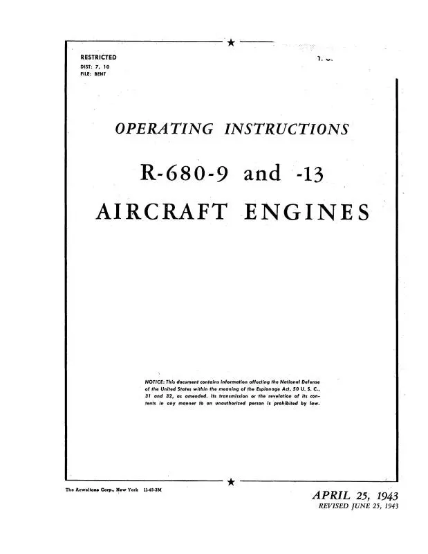 Lycoming R-680-9,-13 1943 Operating Manual (02-15Ab-1) 1