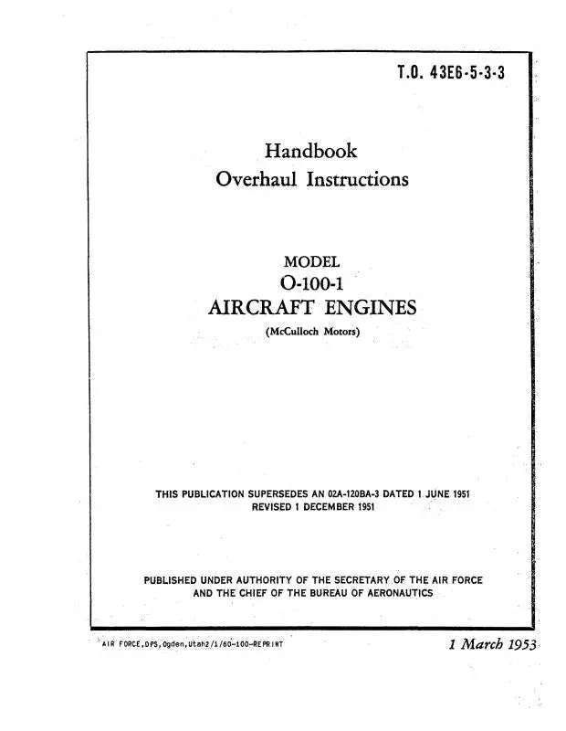 Mcculloch Motors O-100-1 Aircraft Engine 1953 Overhaul Manual (43E6-5-3-3) 1