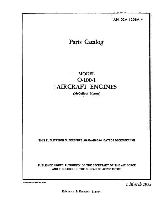 Mcculloch Motors O-100-1 Aircraft Engine 1953 Parts Catalog (02A-120Ba-4) 1