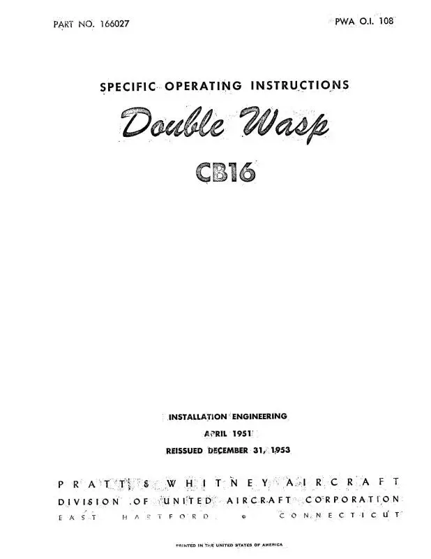 Pratt & Whitney Aircraft Double Wasp Cb16 Series Operating Instructions (166027) 1