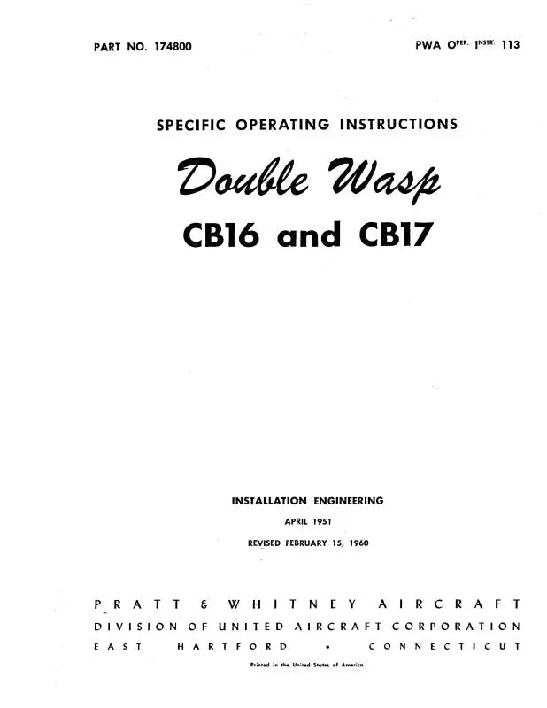 Pratt & Whitney Aircraft Double Wasp Cb16 & Cb17 Operating Instructions (174800) 1