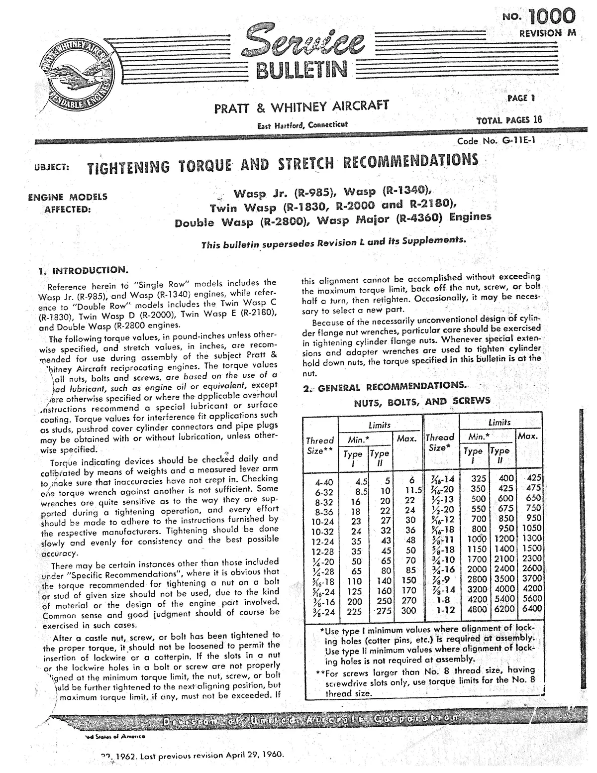 Pratt & Whitney Aircraft Service Bulletin No.1000 Rev.M Service Letters, Bulletins (2R-R1-2) 1