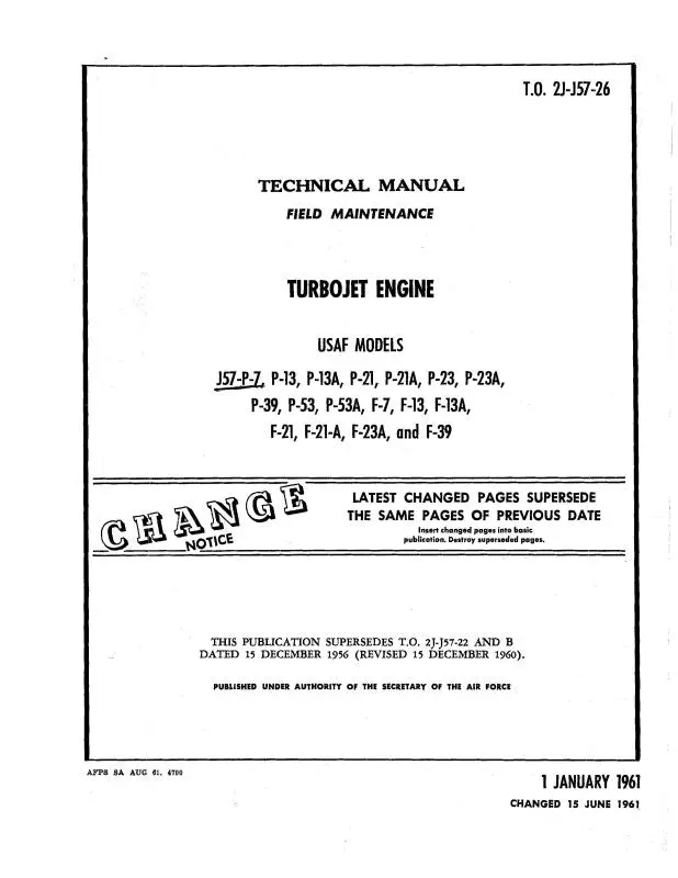 Pratt & Whitney Aircraft J57 Series Usaf Models Field Maintenance (2J-J57-26) 1