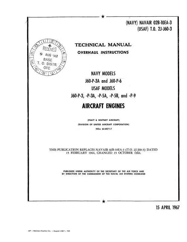 Pratt & Whitney Aircraft J60-P Series Navy & Usaf Models Overhaul Instructions (02B-10Ea-3) 1