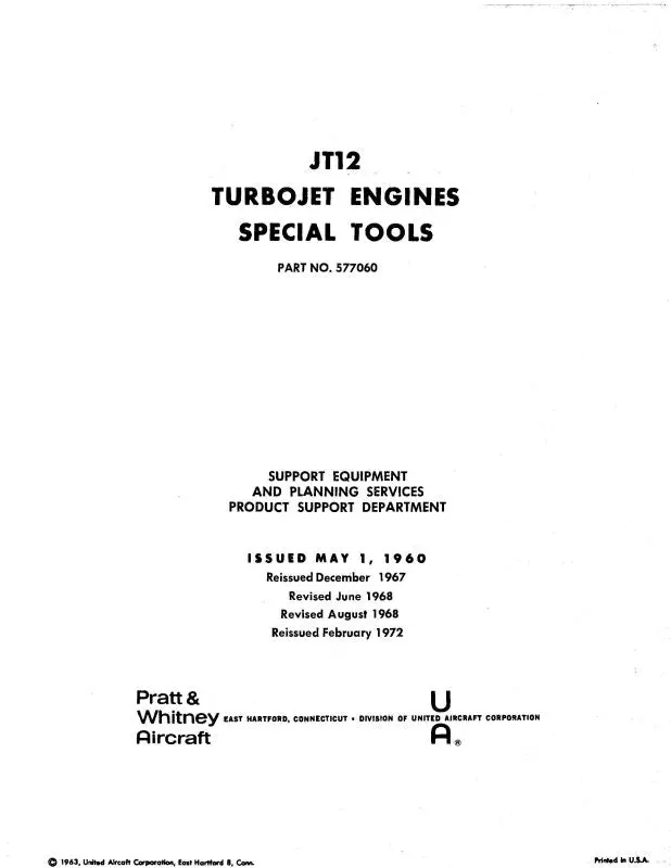Pratt & Whitney Aircraft Jt12 Special Tools Special Tools Catalog (577060) 1