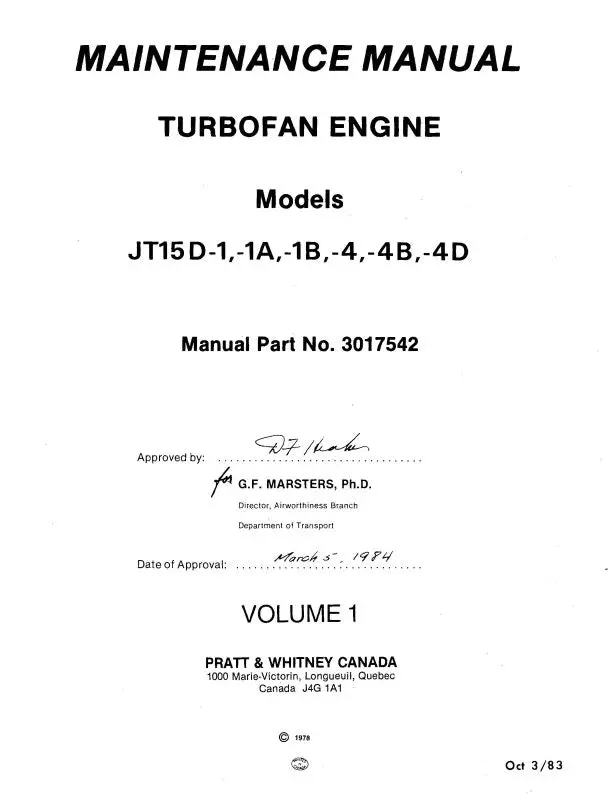 Pratt & Whitney Aircraft Jt15d-1,-1A & -4 Maintenance Manual (3017542) 1