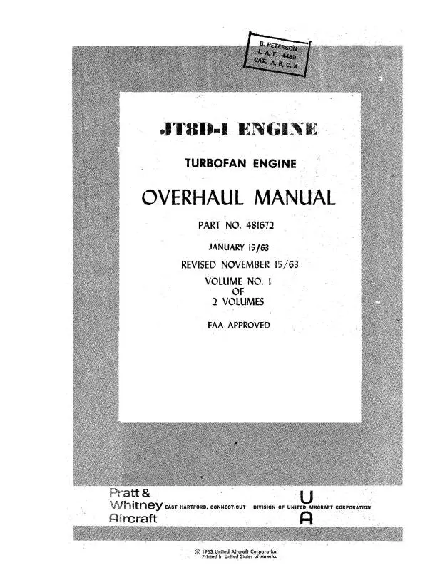 Pratt & Whitney Aircraft Jt8d-1 Turbofan Engine 1963 Overhaul Manual (481672) 1