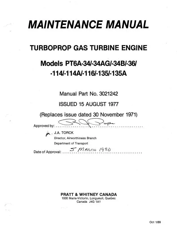 Pratt & Whitney Aircraft Pt6a Series Models Maintenance Manual (3021242) 1