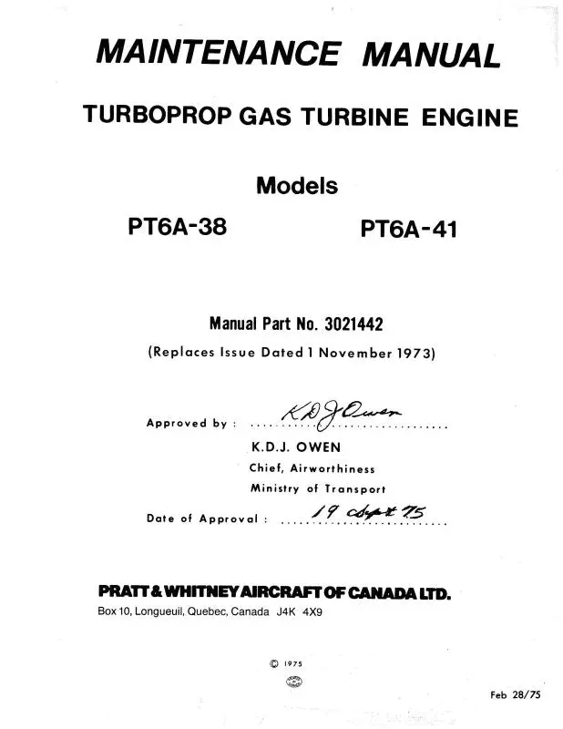 Pratt & Whitney Aircraft Pt6a-38 & Pt6a-41 1975 Maintenance Manual (3021442) 1
