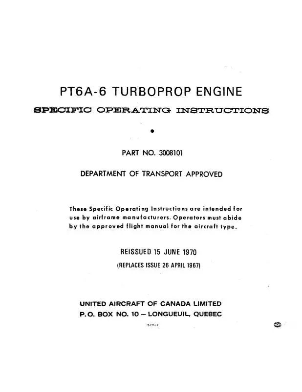 Pratt & Whitney Aircraft Pt6a-6 Turboprop Engine Operating Instructions (3008101) 1